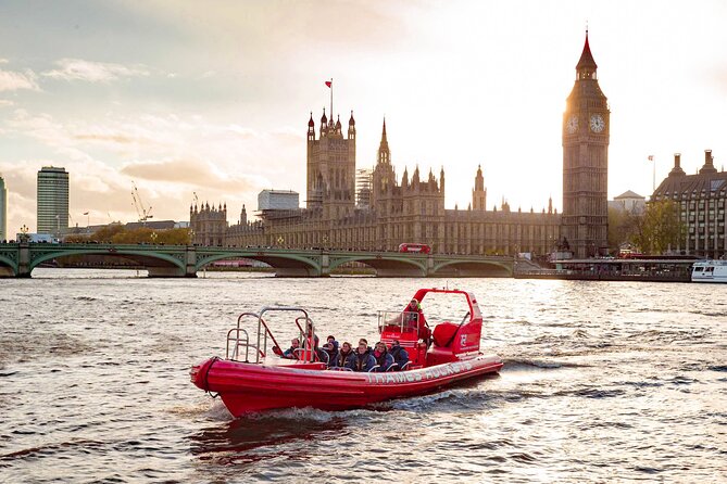 Thames Rockets Sunset London Speedboat Experience - Docklands, the former battleship, and the return